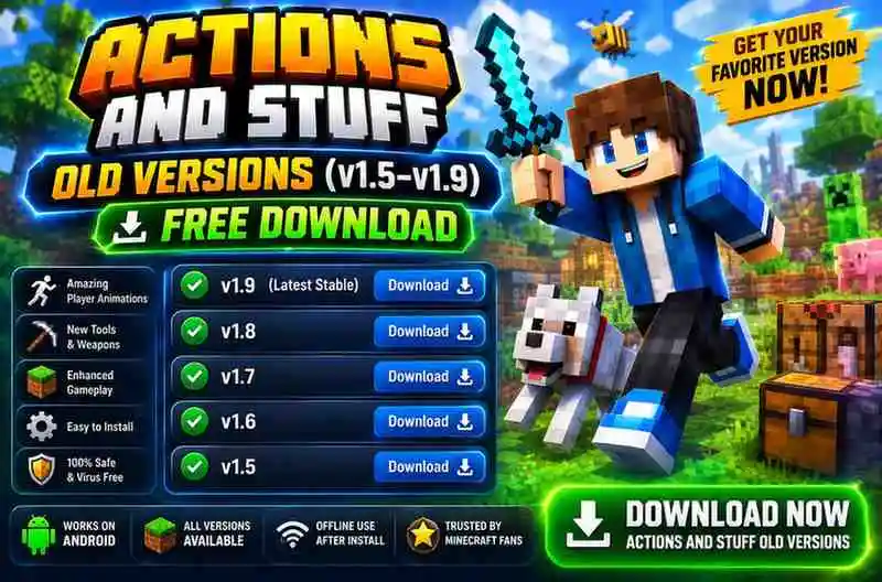 Download Actions and Stuff Old Versions v1.5 to v1.9 for Minecraft Bedrock